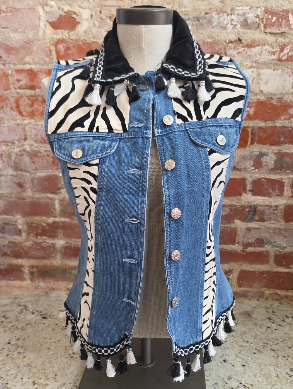 Denim Zebra-Panel Tassel Vest - Unbranded - 1520